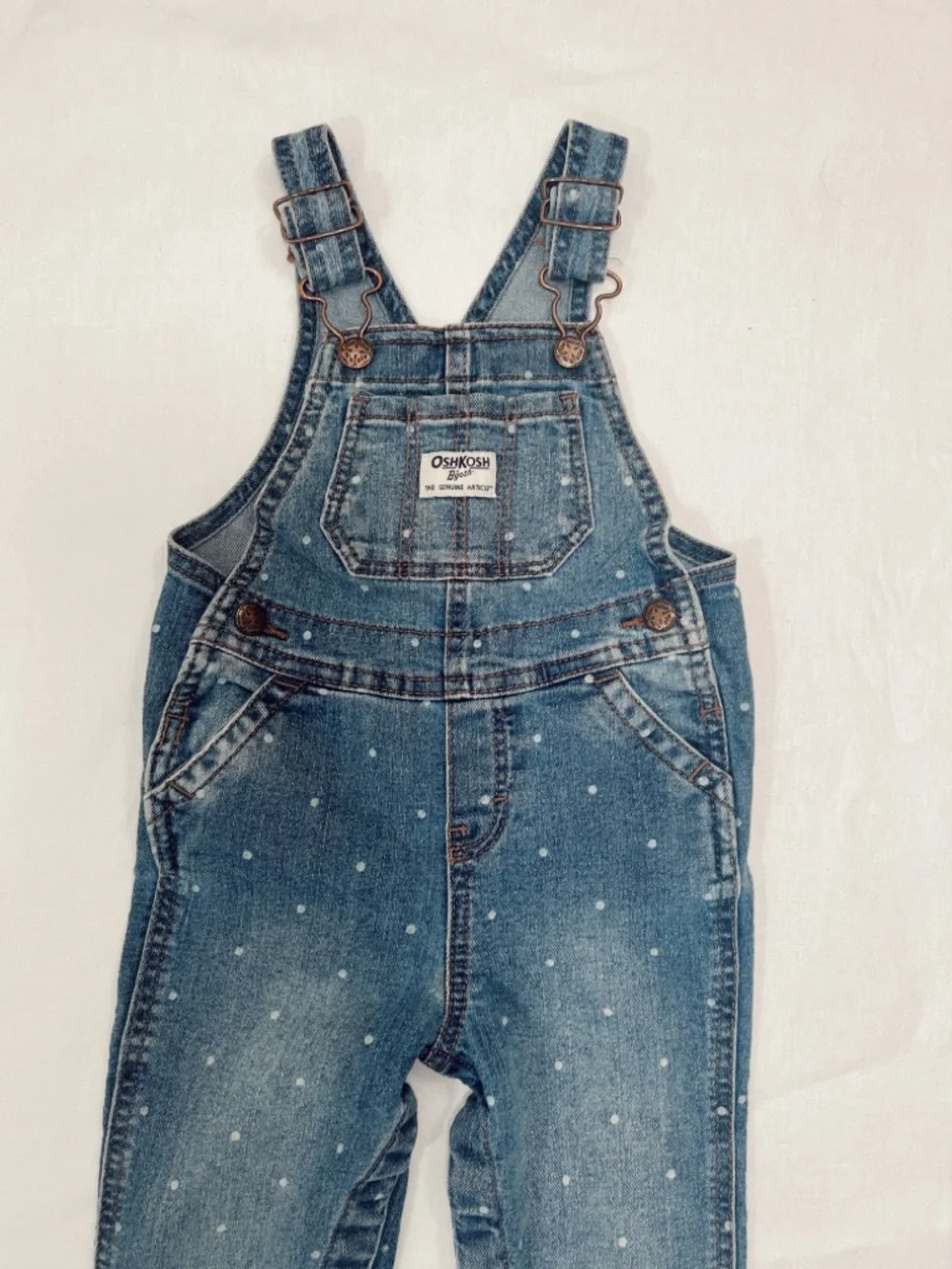 OshKosh B'gosh Denim Overalls in Blue with White‎ Dot Print